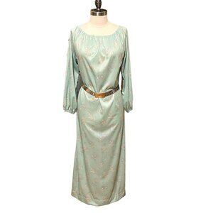70s Vintage Pastel Green and Orange Floral Polyester Knit Scoop Neck Long Sleeve